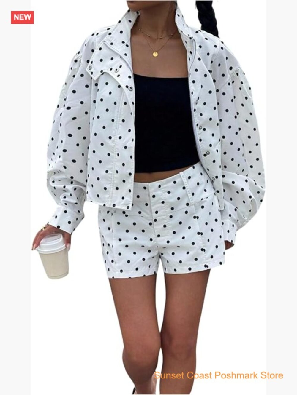 Two Piece Polka Dot Zip Up Jacket and Shorts Set
